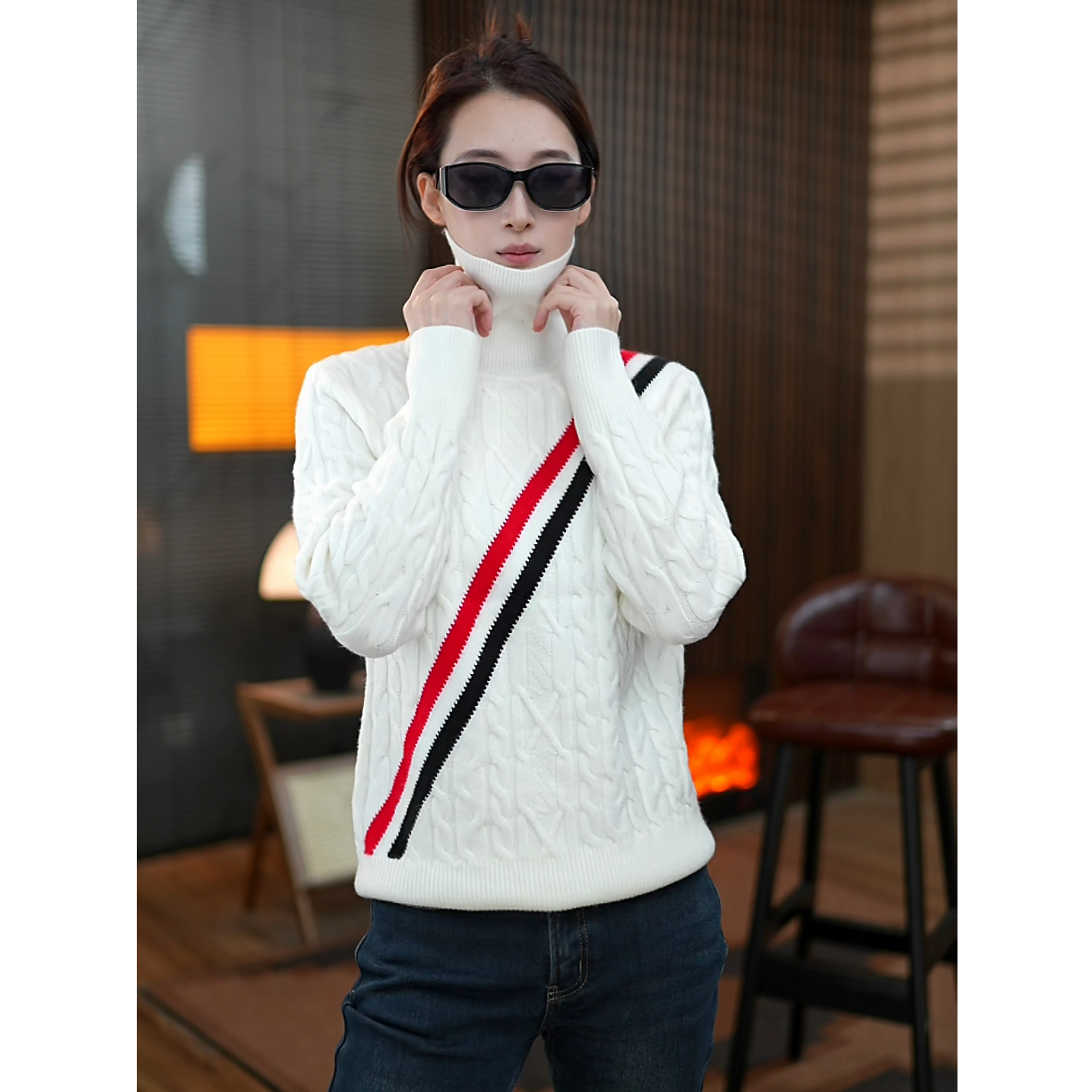 立领POLO领针织长袖针织衫毛衣打底衫时尚polo白色宽松韩版秋冬