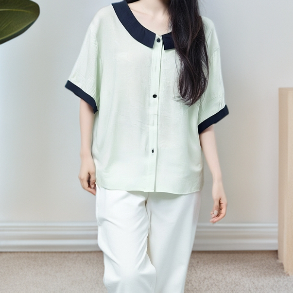 C401绿娃娃领时尚小衫短袖衬衫9529