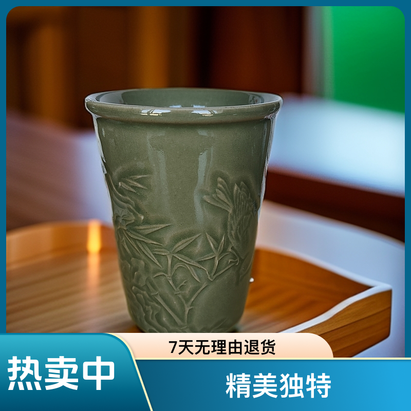 耀州窑微瑕有气泡青瓷喜鹊登枝可乐杯高11cm口径9cm容量300ML复古