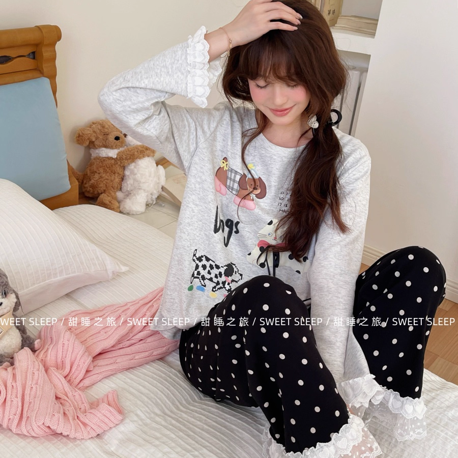 腊肠狗蕾丝睡衣女纯棉秋长袖长裤睡衣甜美波点韩版全棉家居服休闲