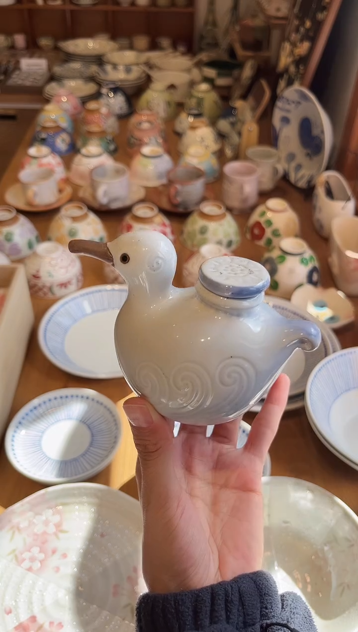 瓷片孤品 口渴的小鸟 油壶（白）