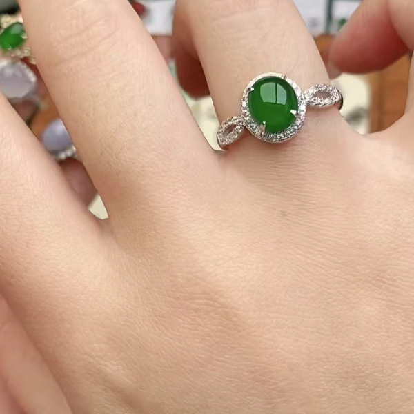 鑫辰珠宝天然A货翡翠银镶嵌设计款开口女戒指时尚百搭