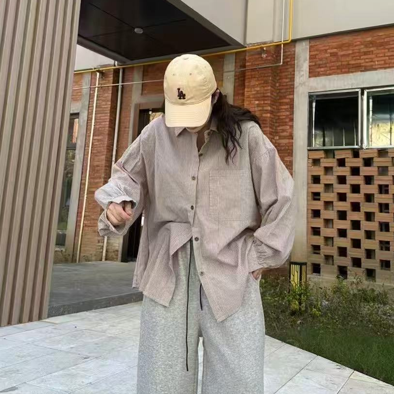 8706-1单排多扣条纹秋款衬衫衬衣时尚潮流韩版宽松简约