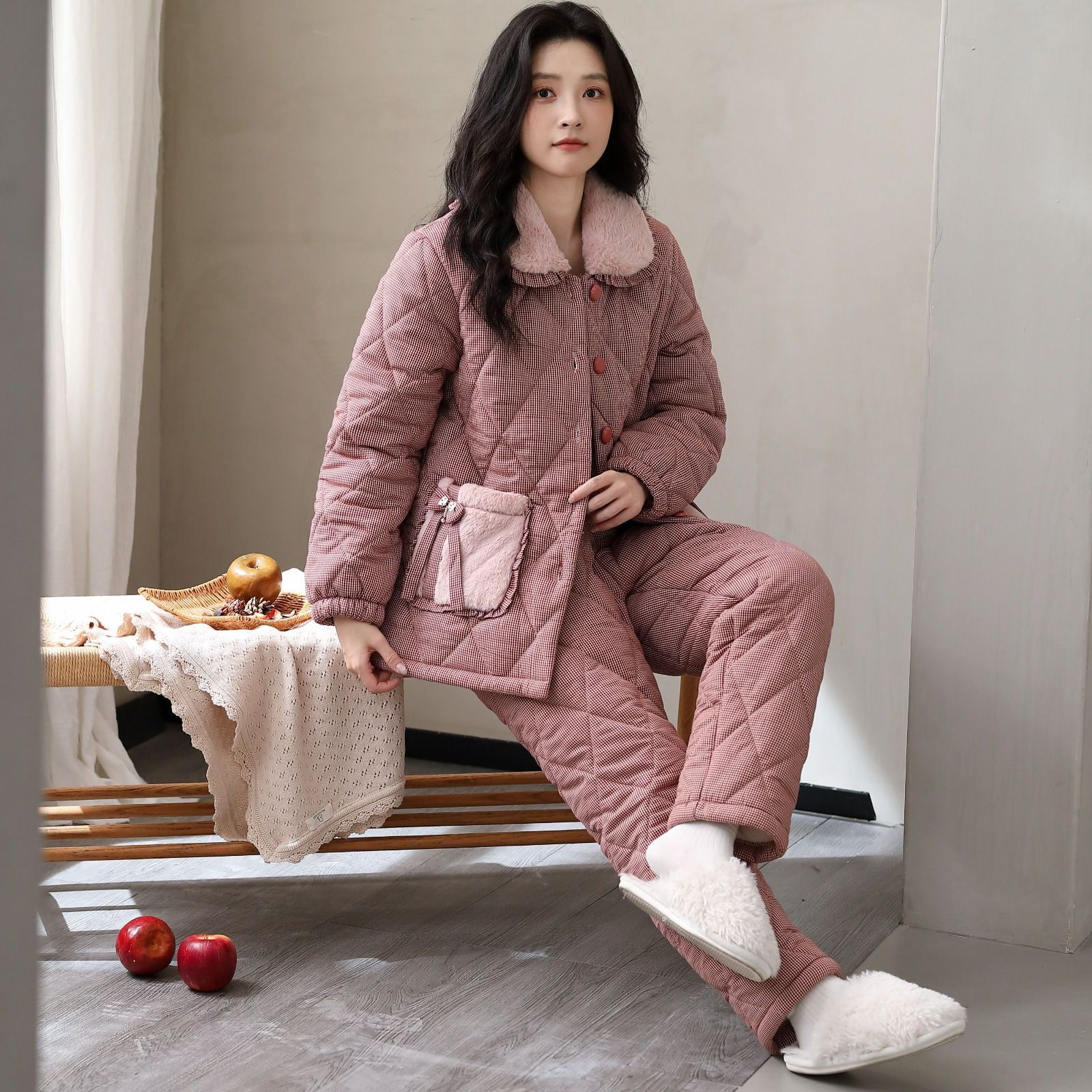 冬季碎花保暖睡衣家居服套装加厚家居服加绒冬款甜美毛绒女士