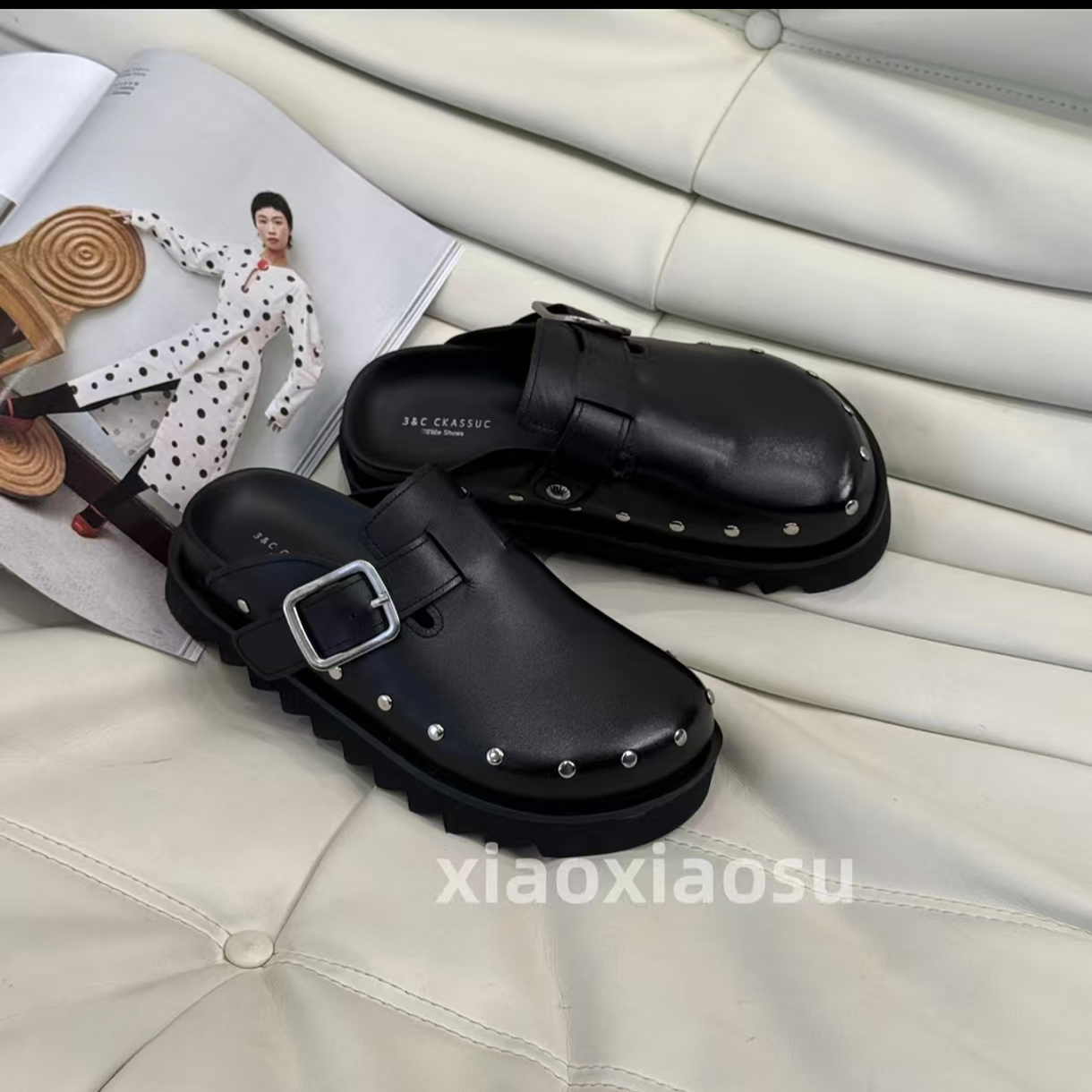 糖糖【EA020】新款春季时尚豆豆鞋舒适休闲百搭外穿厚底黑色包头鞋