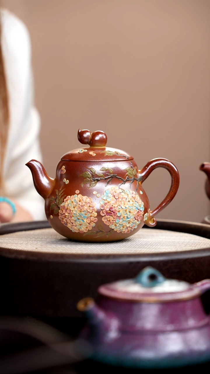 茶壶紫砂柴烧葫芦壶葫芦钮绣球花