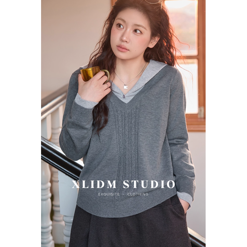 小俪大码女装亲肤假两件针织衫冬季宽松正肩连帽上衣DD6T071221