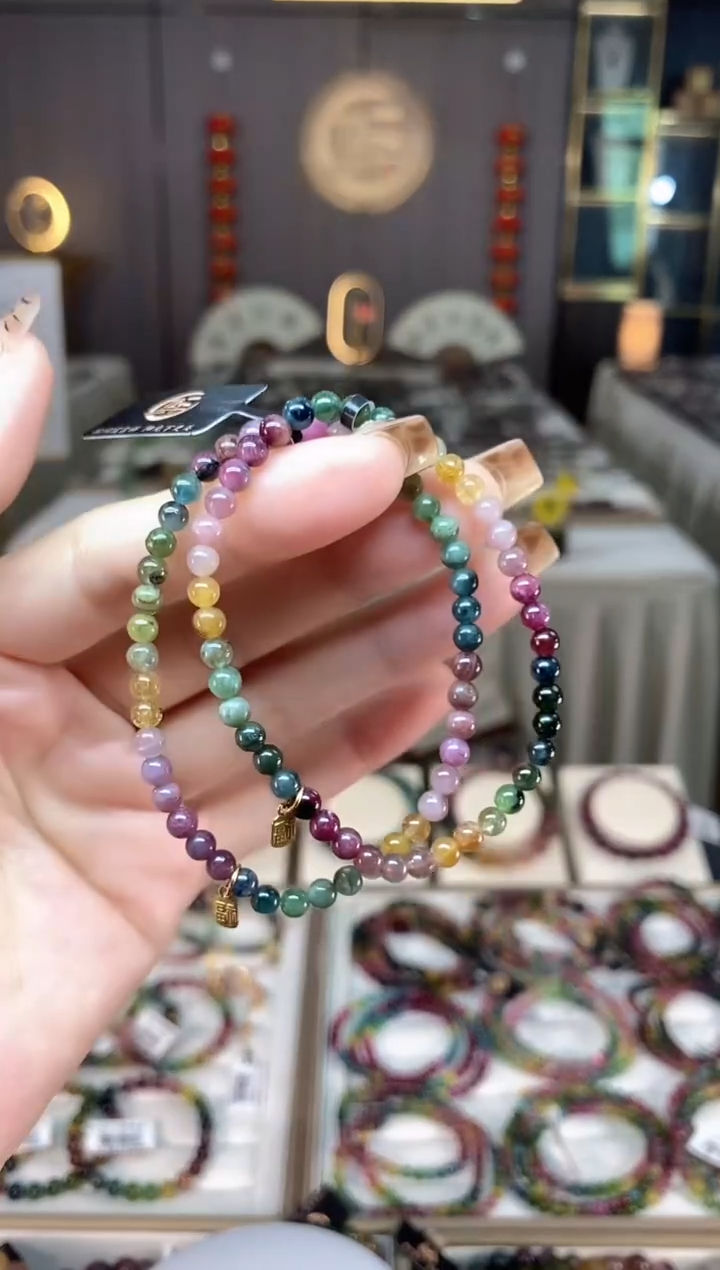 未镶嵌老矿碧玺彩虹单圈手串4mm+碧玺dan多样性发货一条