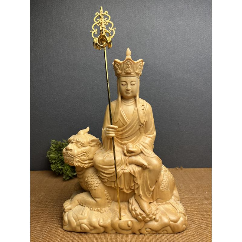 桧木地藏王菩萨谛听菩萨木雕佛像27cm