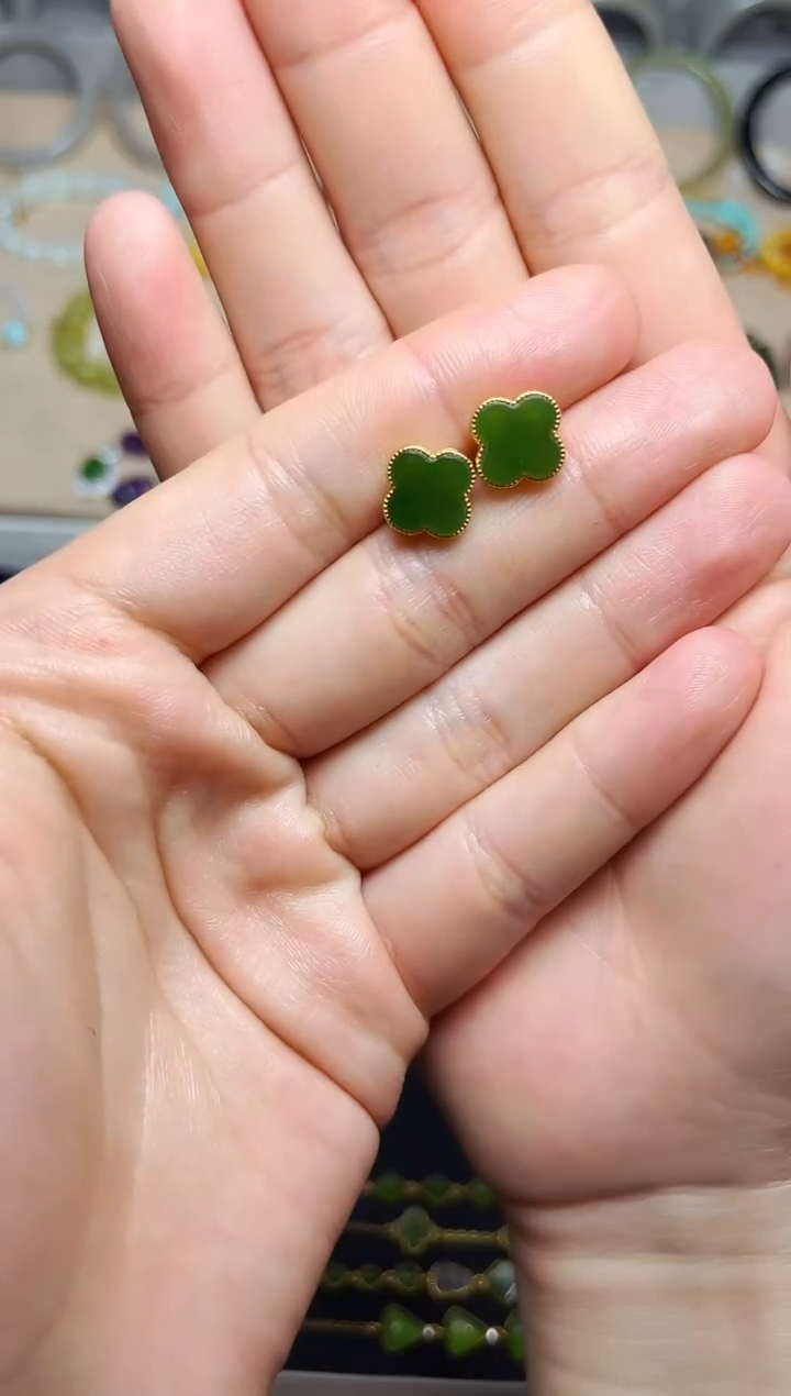 和田玉银S925镶嵌耳钉06四叶草耳钉