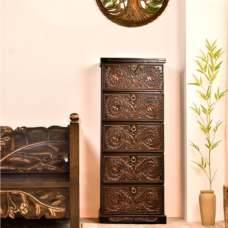 复古风新中式家居深棕色浮雕五层抽屉收纳箱五斗柜家用收纳柜客厅