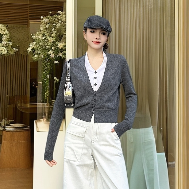 AMASS/阿玛施慵懒时尚休闲长袖假两件正肩修身百搭针织衫女548006