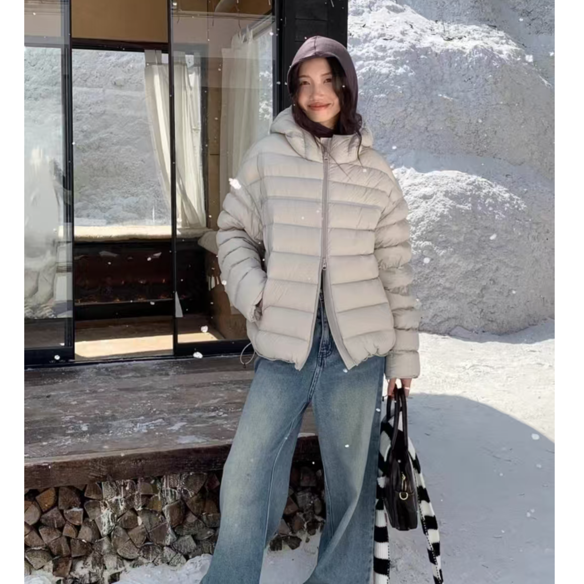 【90白鸭绒现货】新款轻薄排骨羽绒服女泡芙短款保暖连帽羽绒服