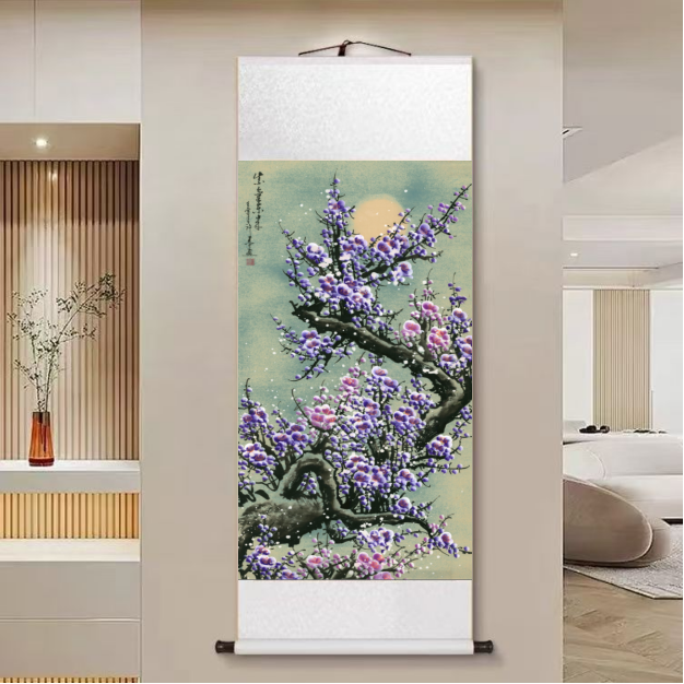 【紫梅·紫气东来】140*45新中式竖幅实木卷轴画客厅书房茶室挂画