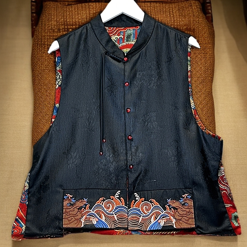 016洋气新中式复古国风民族风双面穿刺绣马甲坎肩外套唐装马夹