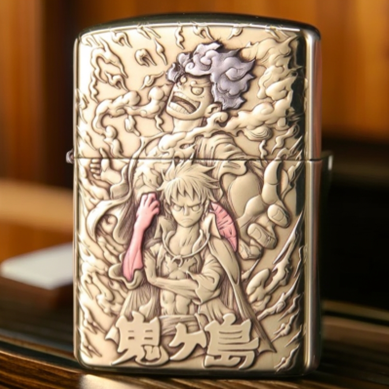ZIPPO男士单面手雕立体盔甲机金色打火机尼卡路飞纯铜盔甲工艺