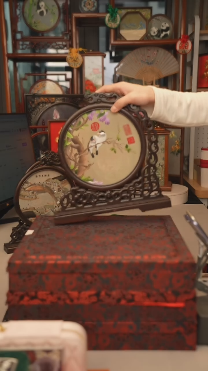 扇子龙头架 苏绣双面绣摆台