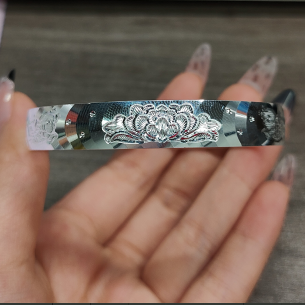 足银手镯 足银光面牡丹花开口手镯44g
