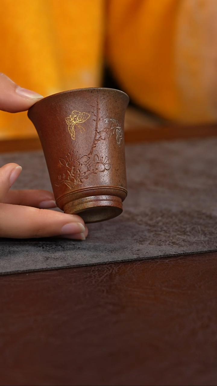 【闪购商品】紫砂茶杯柴烧 描金银刻绘梅 闻香杯
