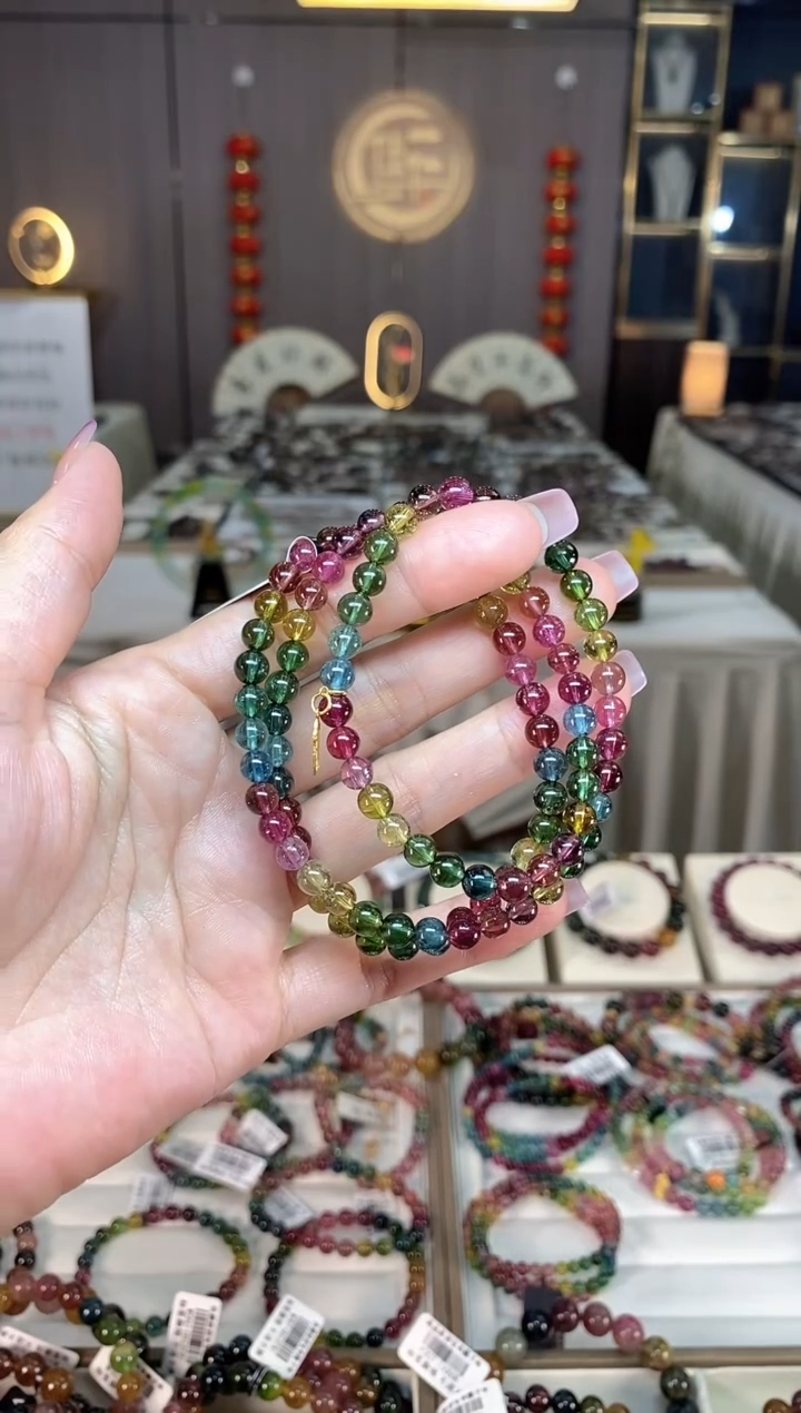 未镶嵌冰透净体老矿碧玺色标三圈手串5mm+碧玺hon多样性发一条