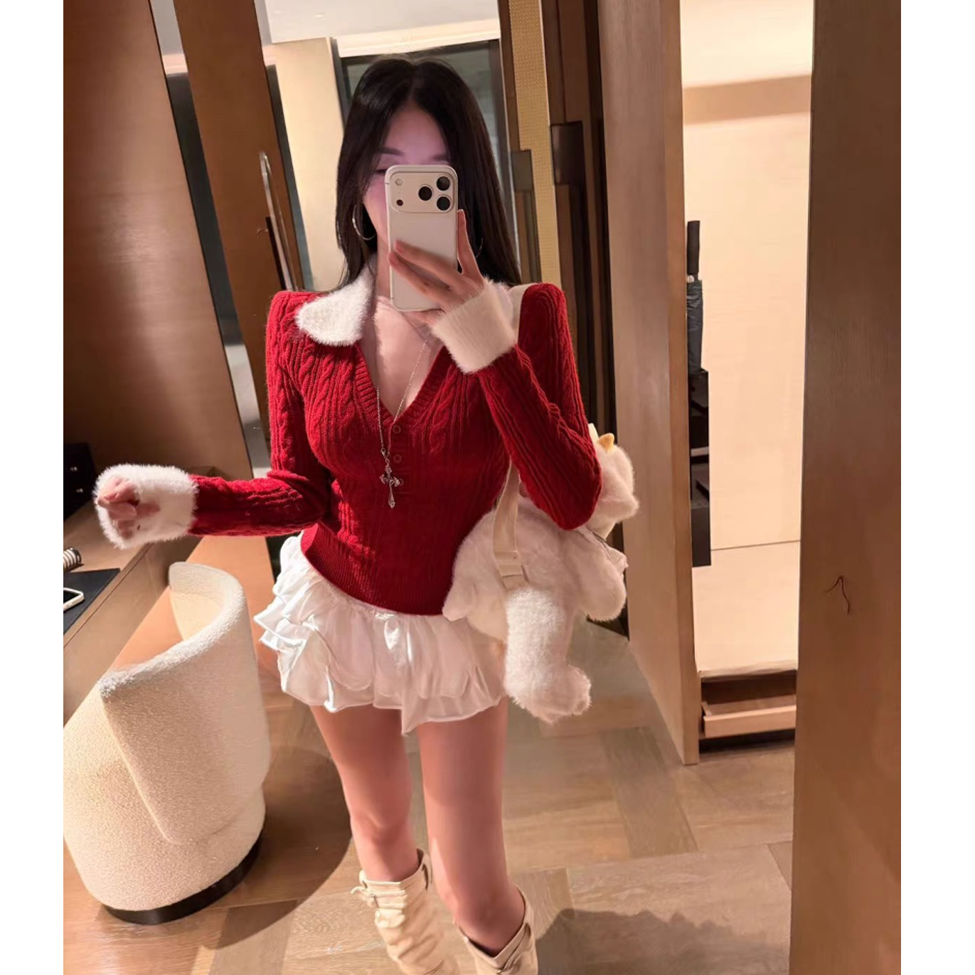 【甜欲冬约】韩版纯欲北极绒毛毛翻领麻花针织毛衣