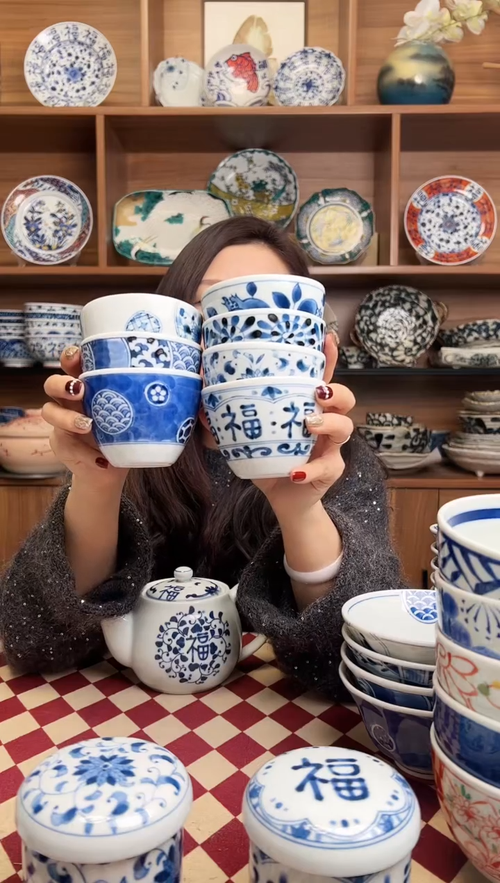 【闪购商品】瓷片蓝凛堂斗笠茶杯 7只装混搭  