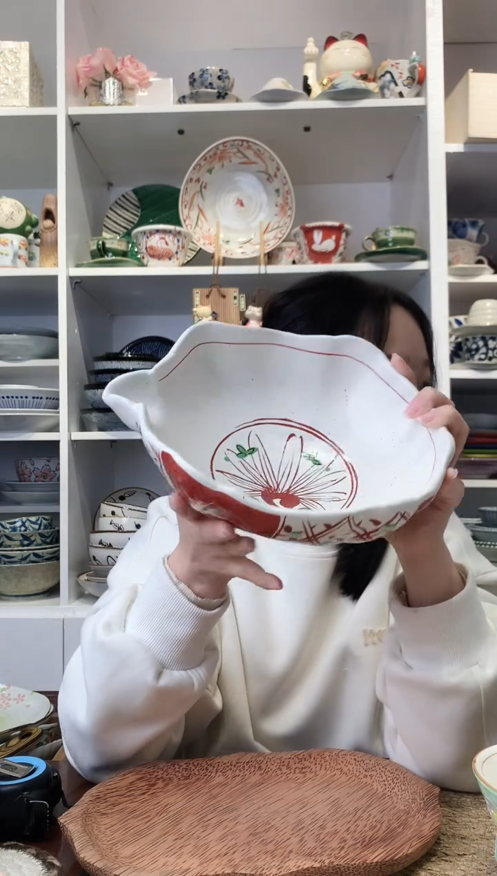 陶瓷濑户烧手绘赤绘尖嘴碗23cm