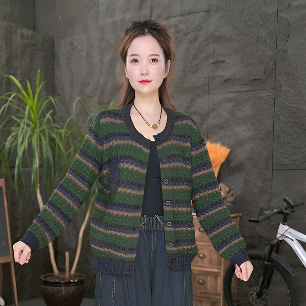彩色棉线条纹炒色单排扣针织开衫秋季新款文艺女长袖短外套上衣
