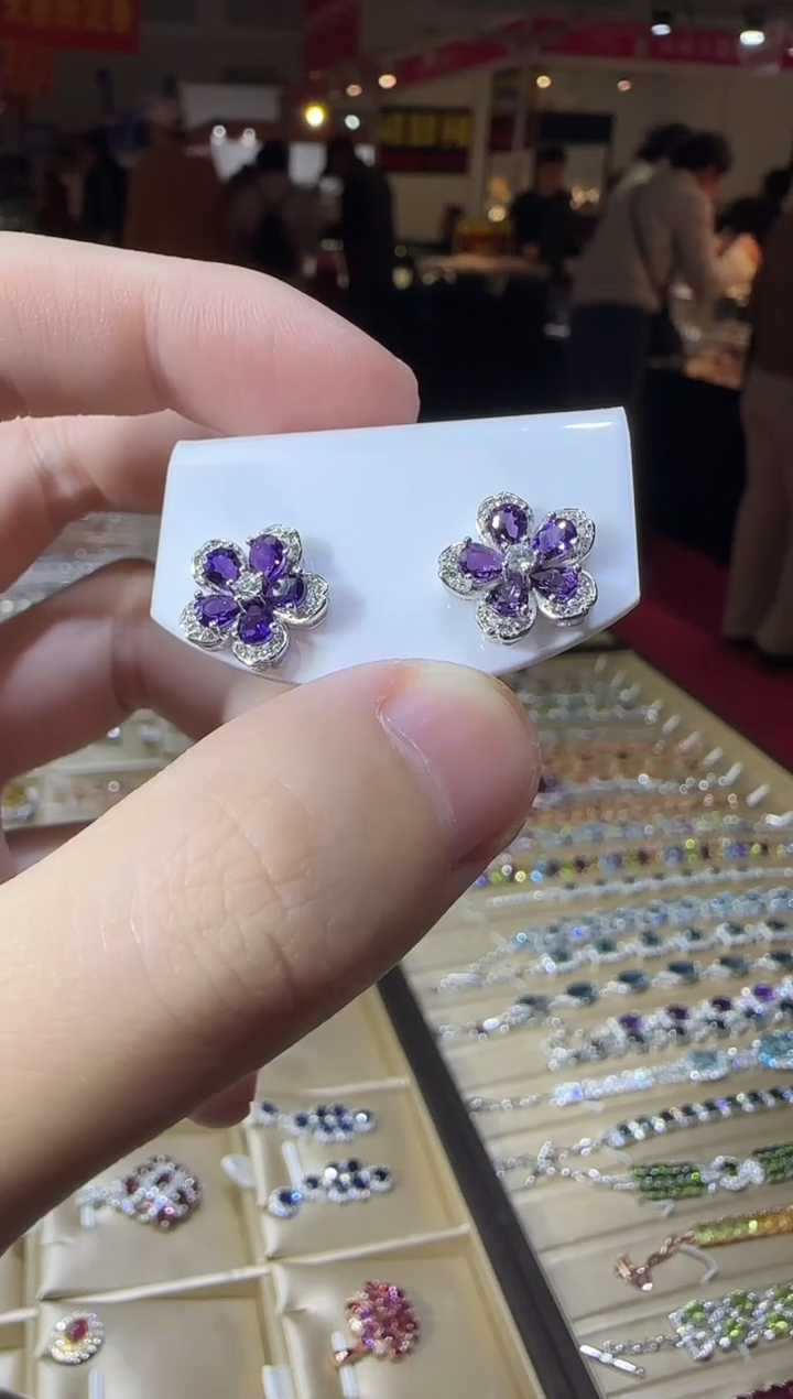 银S925镶嵌耳饰紫晶耳钉13mm