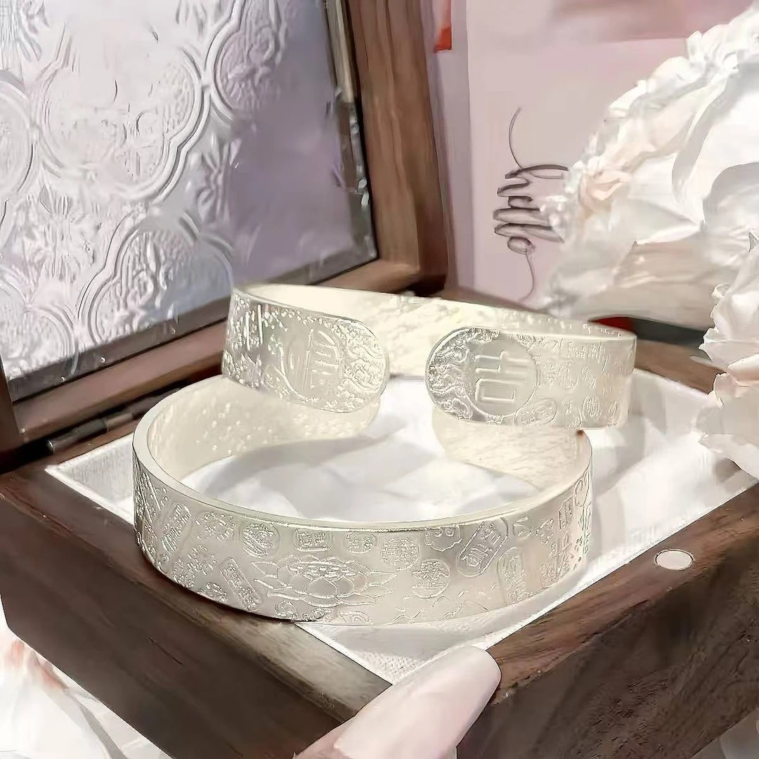 999.9银錾刻荷花大吉言50g百搭镯子精美女简约圈口可调节TT