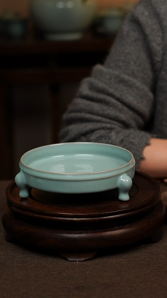瓷片天青色全手工三足洗壶承一级不带礼盒