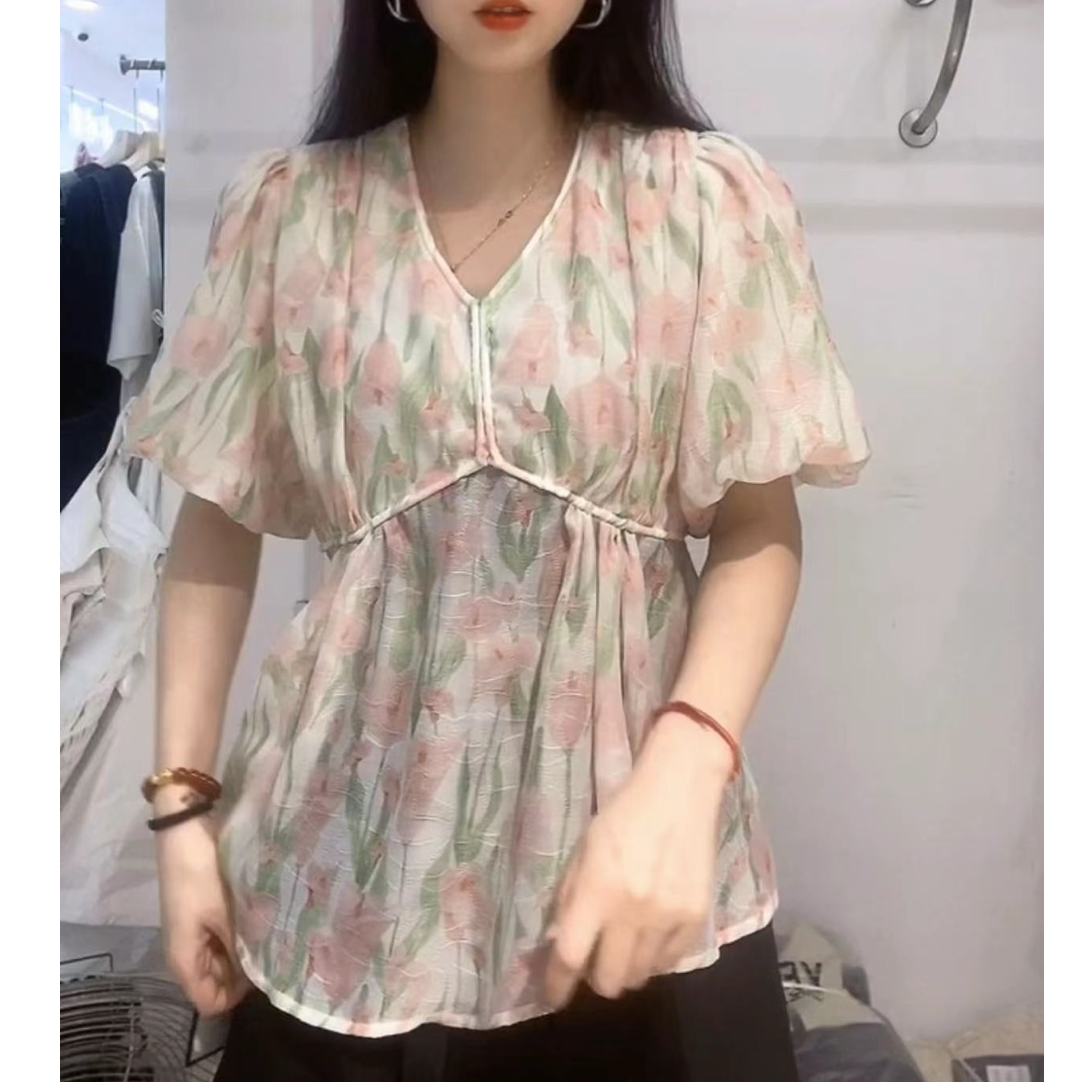 YS3201868短袖泡泡袖夏季V领五分袖明线装饰大码衬衫薄款吸汗