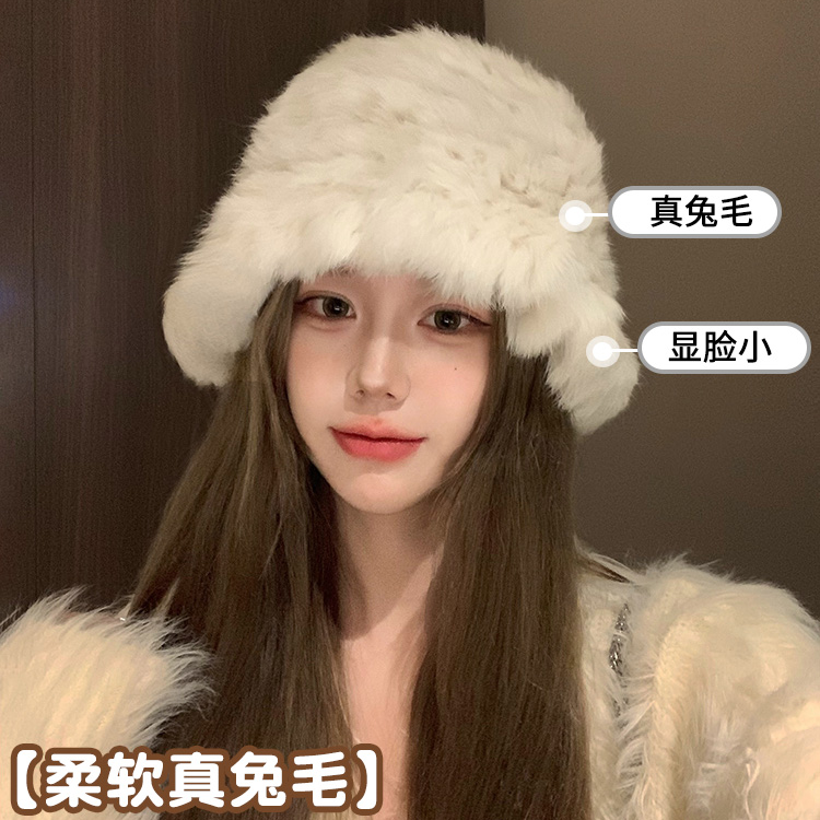 白色兔毛帽子女2025新款冬季保暖护耳针织毛线帽大头围毛绒渔夫帽
