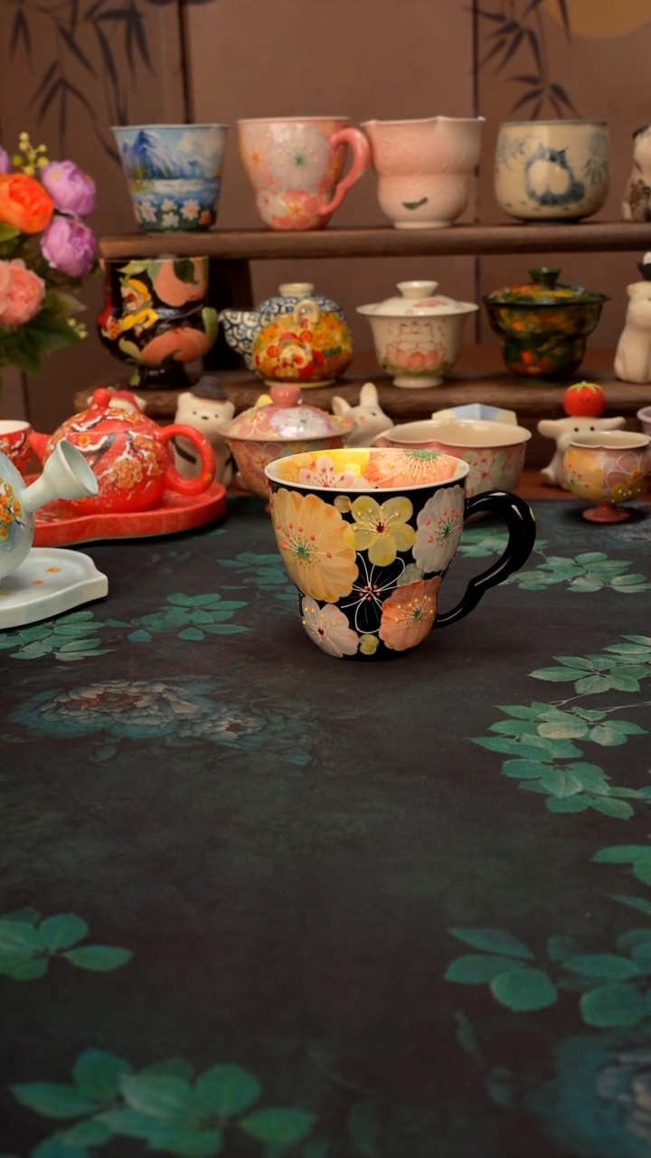 祺花满蹊  黑色咖啡杯