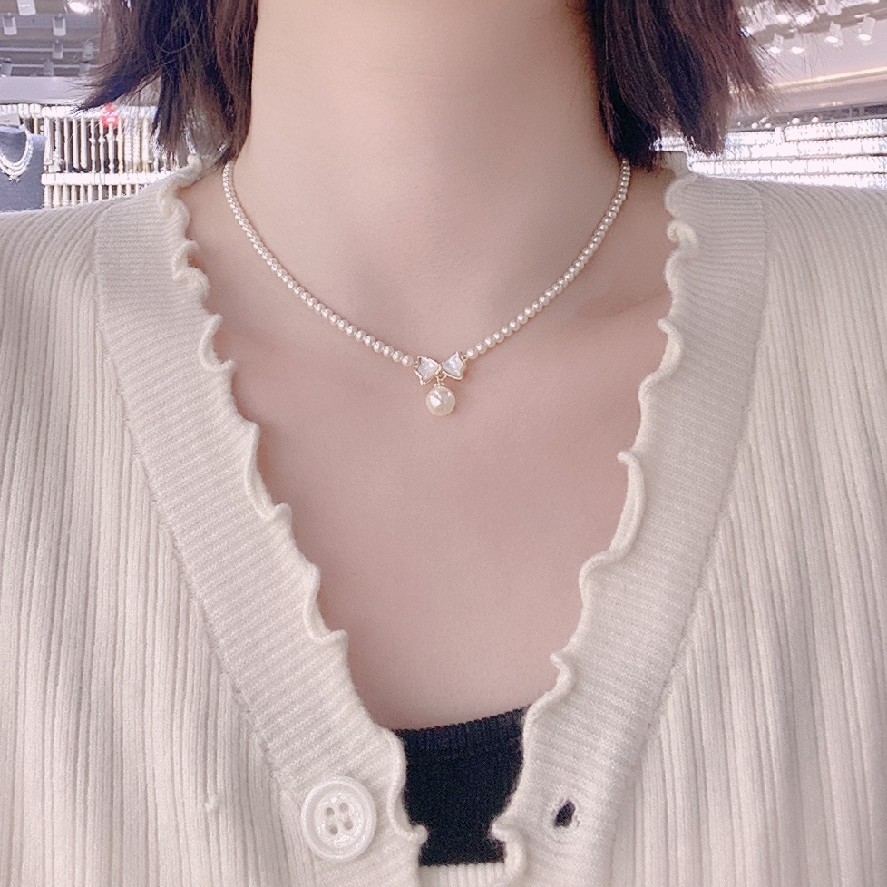 铜合金仿珍珠项链 白贝蝴蝶结吊坠珠珠卡3mm项链824