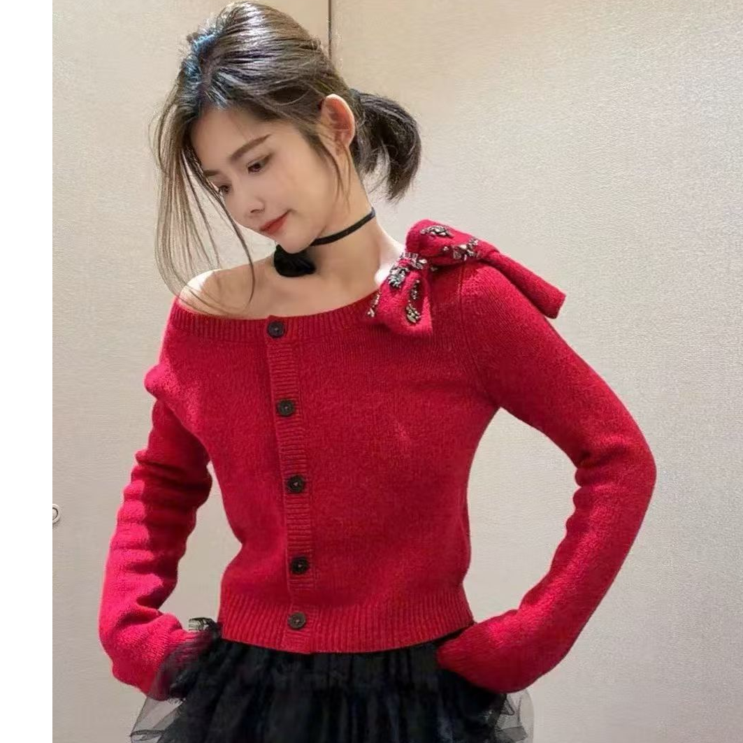 姐魅定制冬季 新款新年战袍系列蝴蝶结红色针织上衣