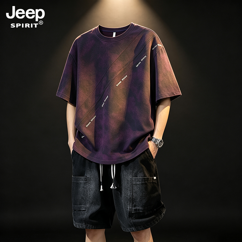 JEEPSPIRIT吉普套装男夏季美式扎染短袖短裤潮流宽松设计感两件套