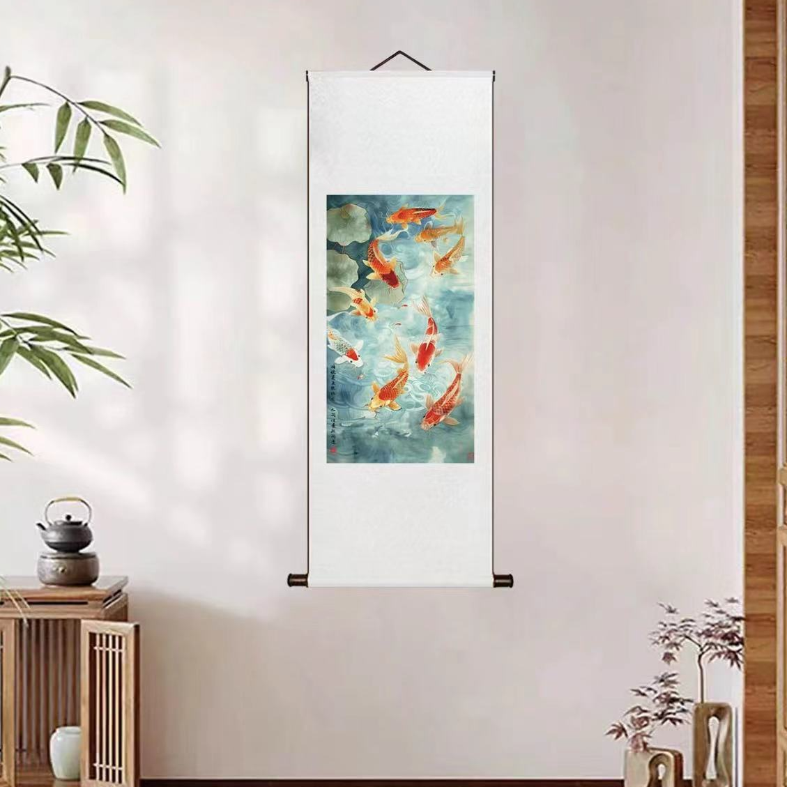 【九鲤报喜】宣纸精仿复制中式古典书房艺术客厅玄关装饰挂画松驰感