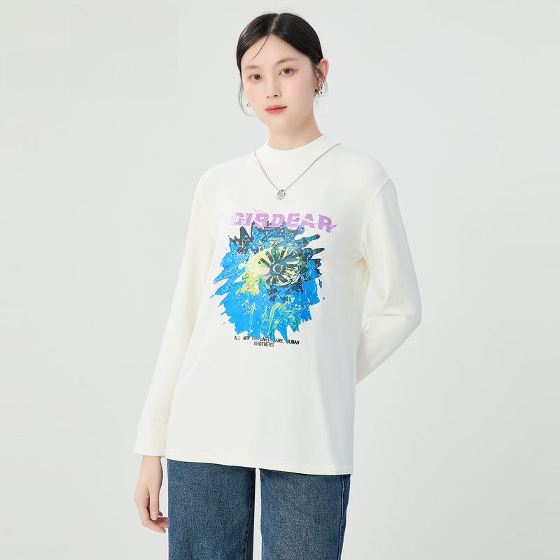 哥弟秋冬新款时尚套头烟管领印花磨毛保暖长袖套头T恤1300848