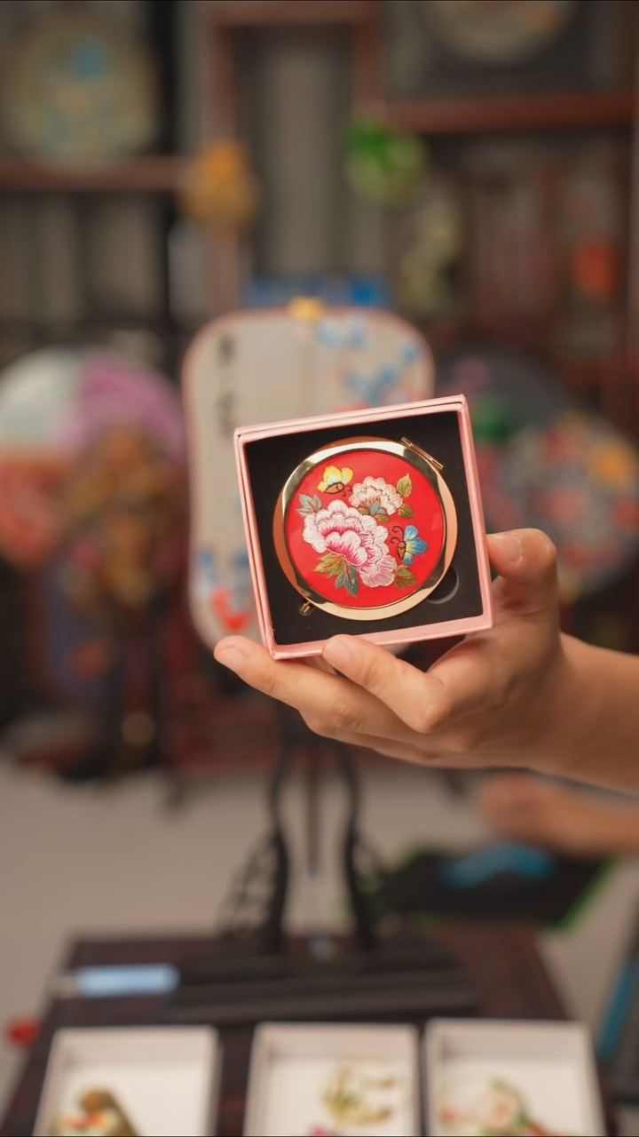 扇子首饰盒 绣花双面非遗