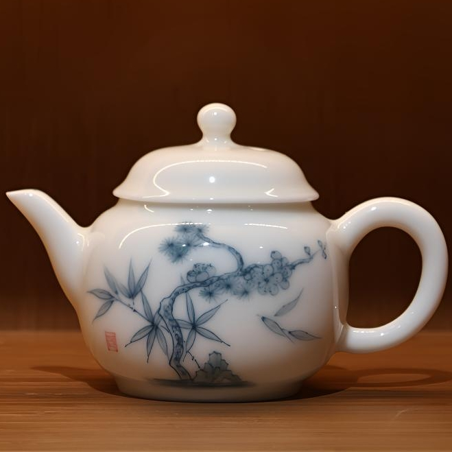 何白 猪油白釉下手绘“梅花”水平壶155ml高颜值茶壶高档茶壶礼盒装