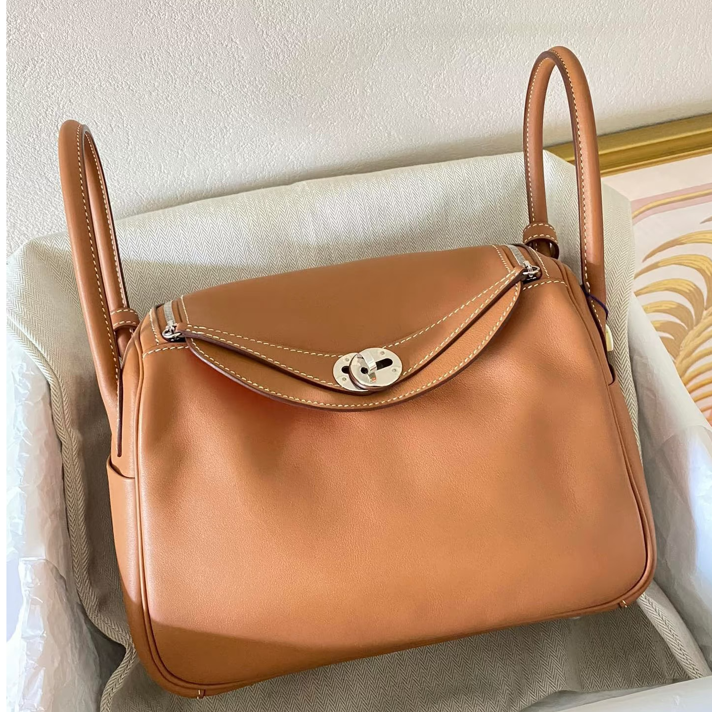 99新 Hermes/爱马仕 爱马仕lindy30金棕银扣S皮P单肩包94590003