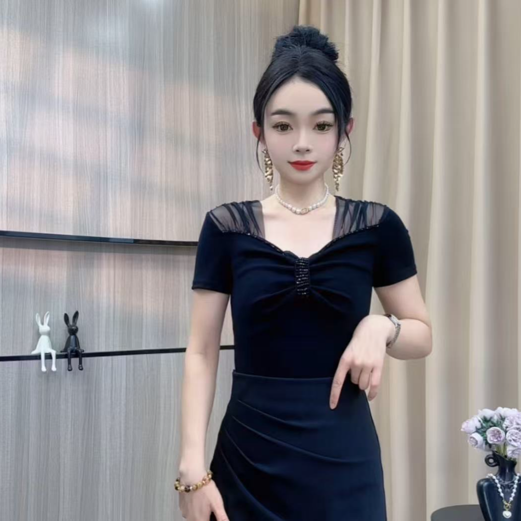 夏季短袖V领t恤女修身显瘦钉珠T恤半袖网纱拼接上衣洋气小衫百搭
