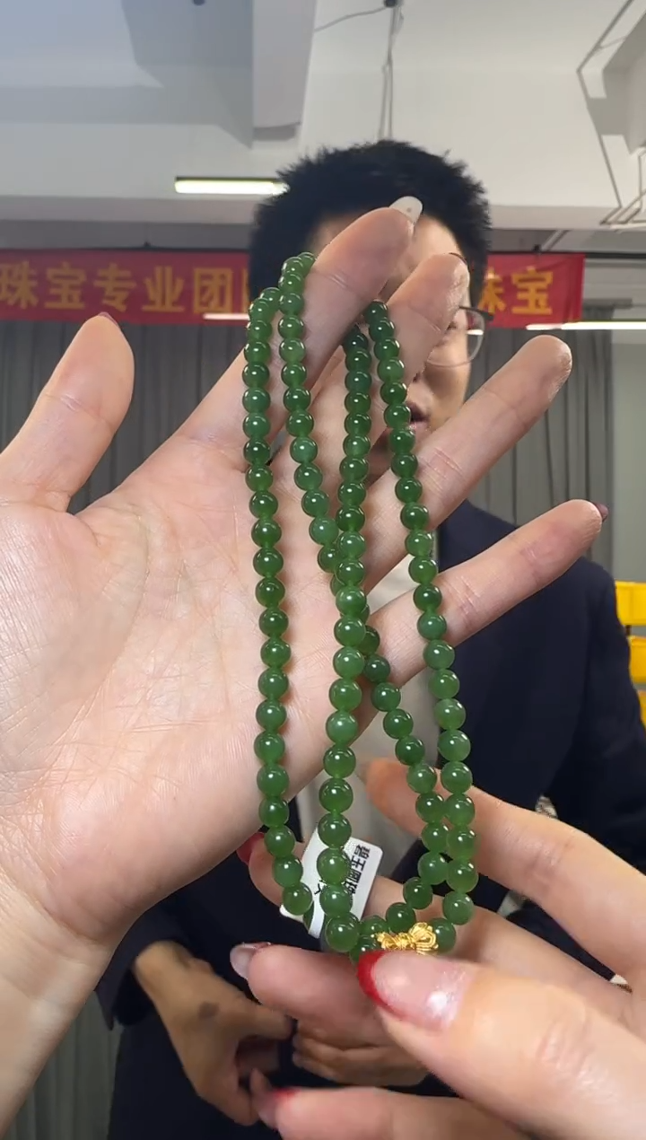 【闪购商品】和田玉项链银S925镶嵌碧玉圆珠约6mm