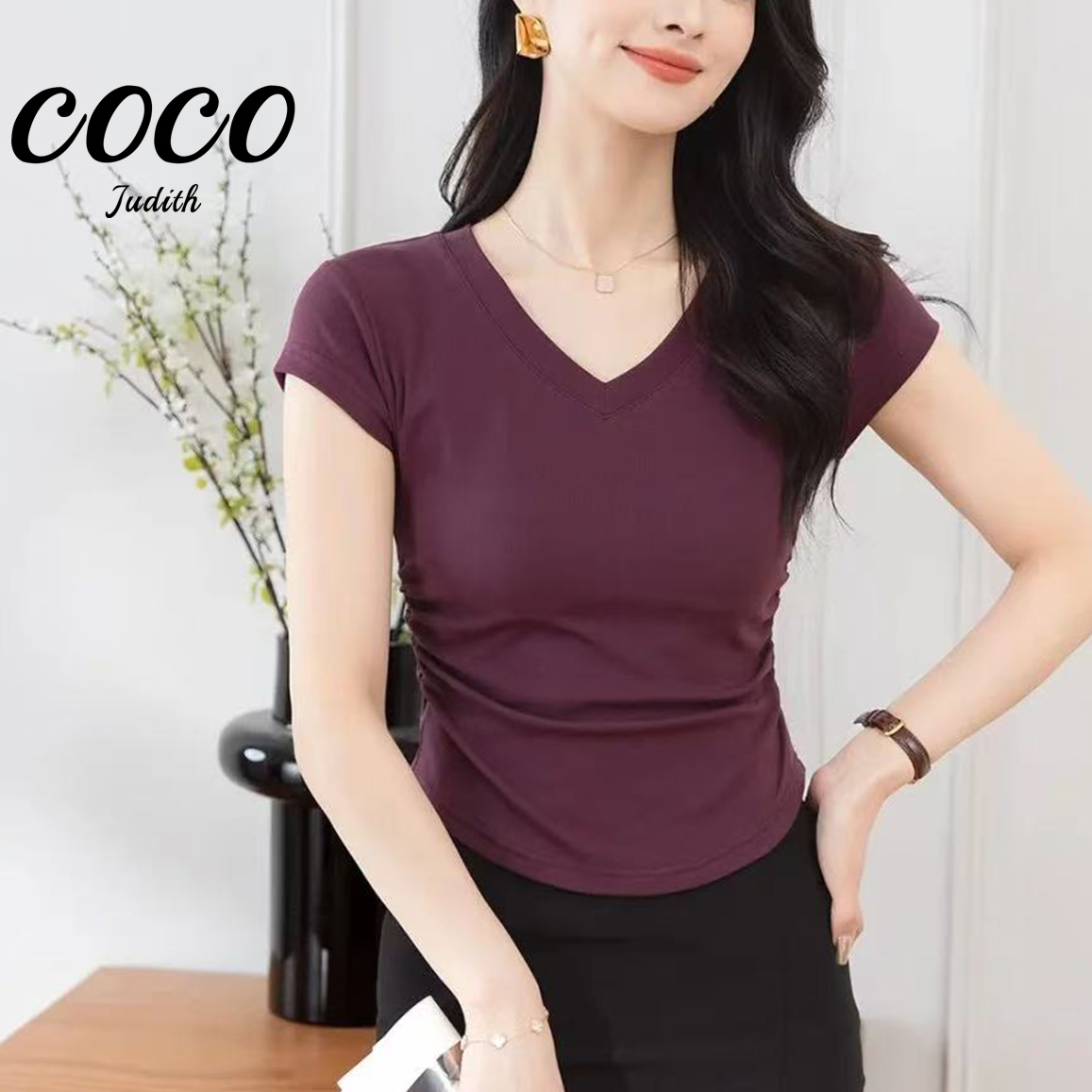 【RG6998】2025新款夏季轻熟风气质百搭修身紫色V领小飞袖抽褶上衣