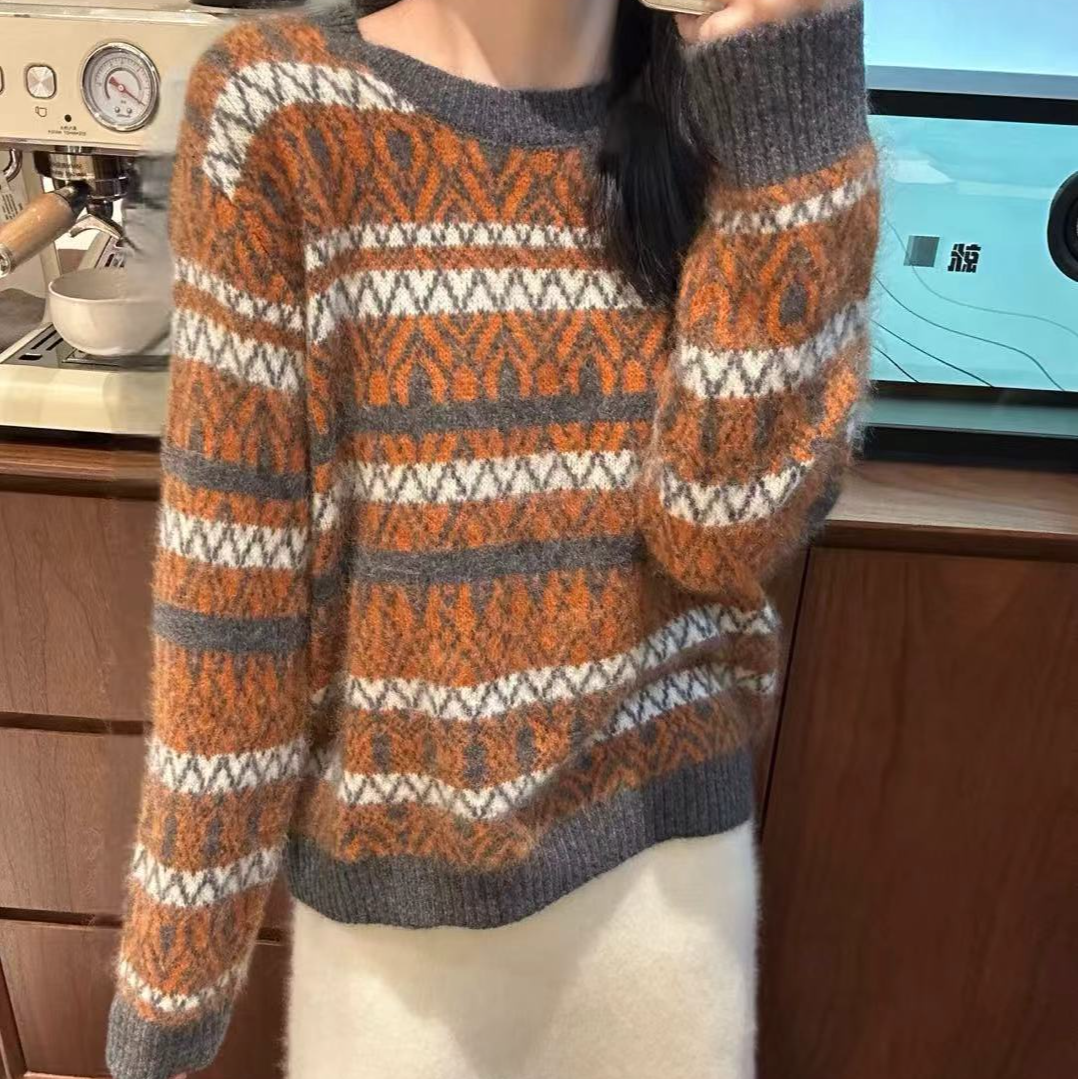 复古撞色羊毛拉毛2025新款百搭时尚显瘦宽松气质毛衣针织
