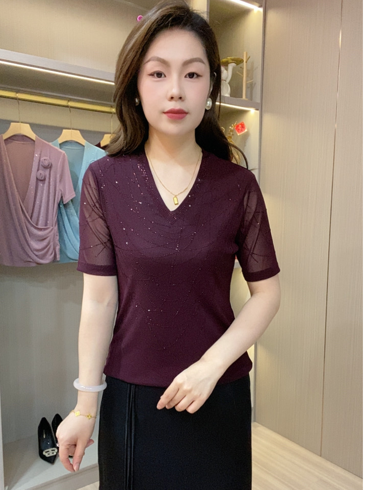 时尚精品水滴领薄款短袖纯色妈妈装女装显瘦打底衫夏季修身