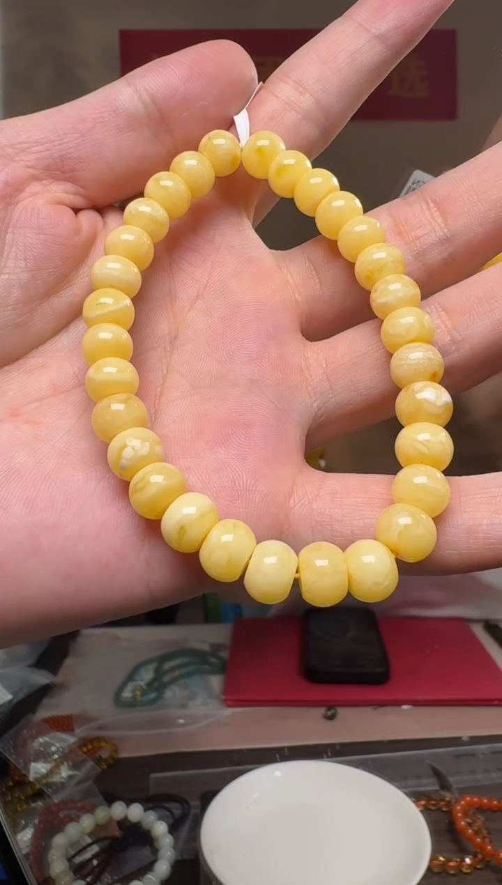 未镶嵌琥珀手串约8mm俄料鸡油黄白花蜜蜡鼓珠单圈手串