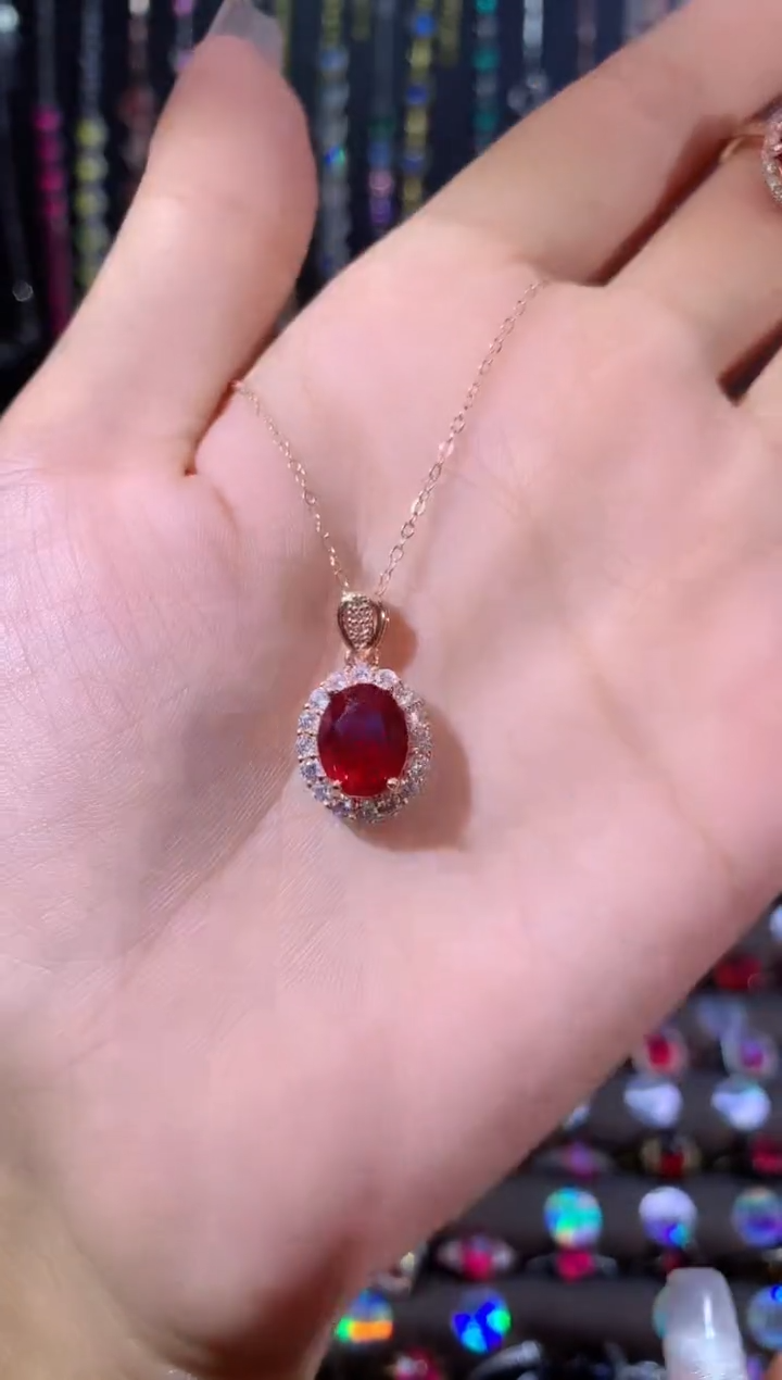 银S925镶嵌吊坠(赠链)红宝石810玫瑰金酒红