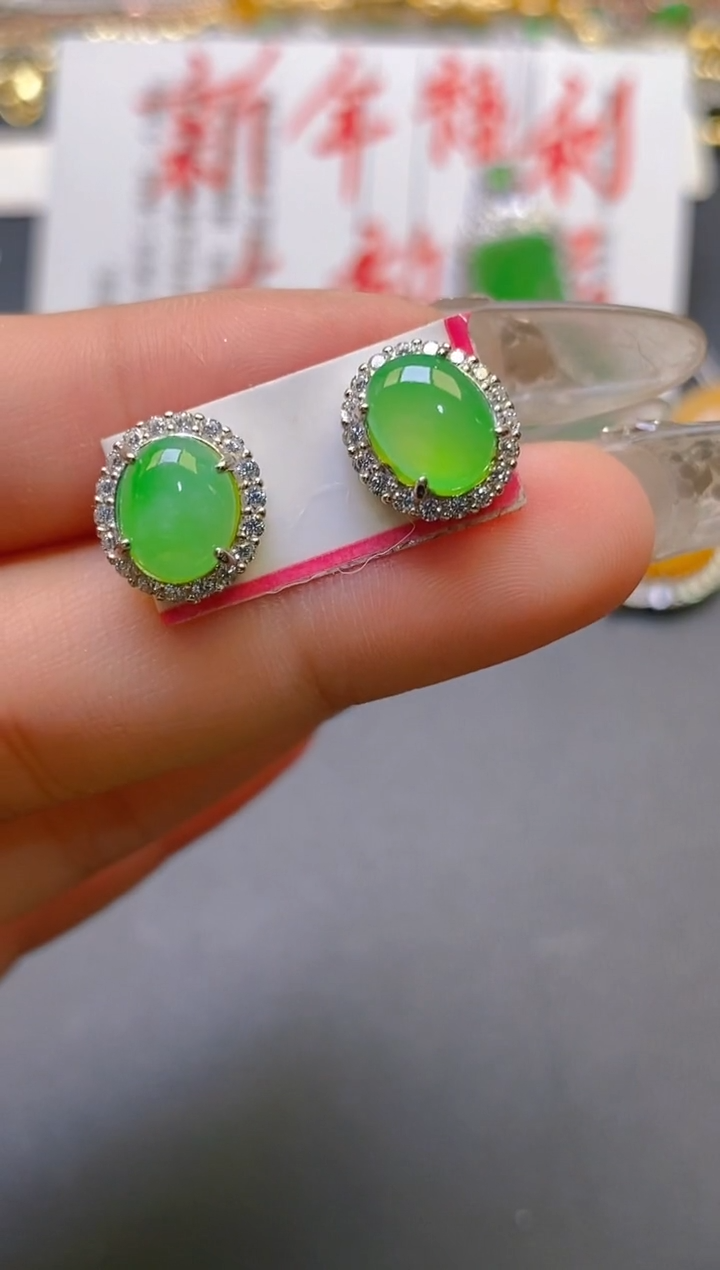 【闪购商品】翡翠耳饰银S925镶嵌天然A货翡翠1